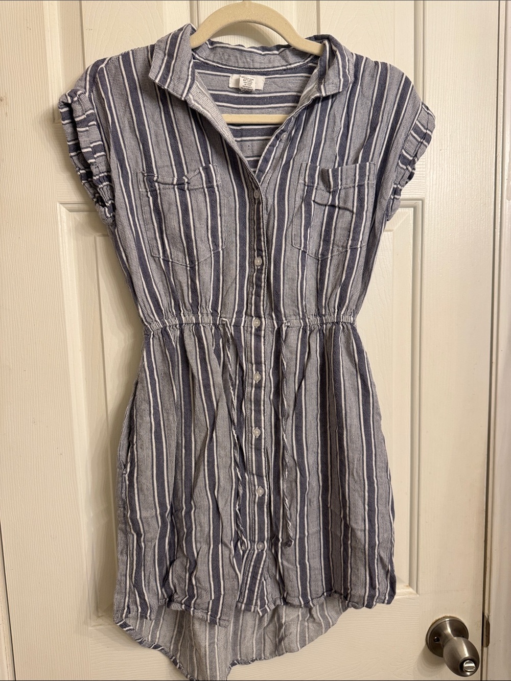 Japna Navy and White Striped Button-Front Shirt Dress
